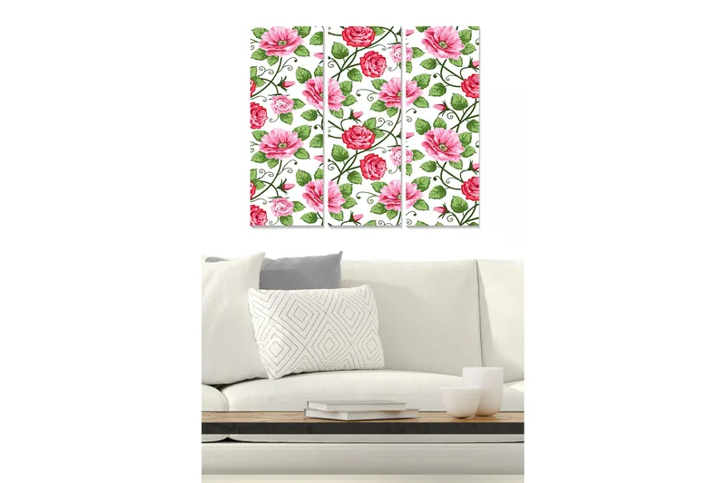 Canvastavla i trä 3-delar 50x70 cm - Färgrik komposition av blommor med rosor och prästkragar, Rosa / Grön