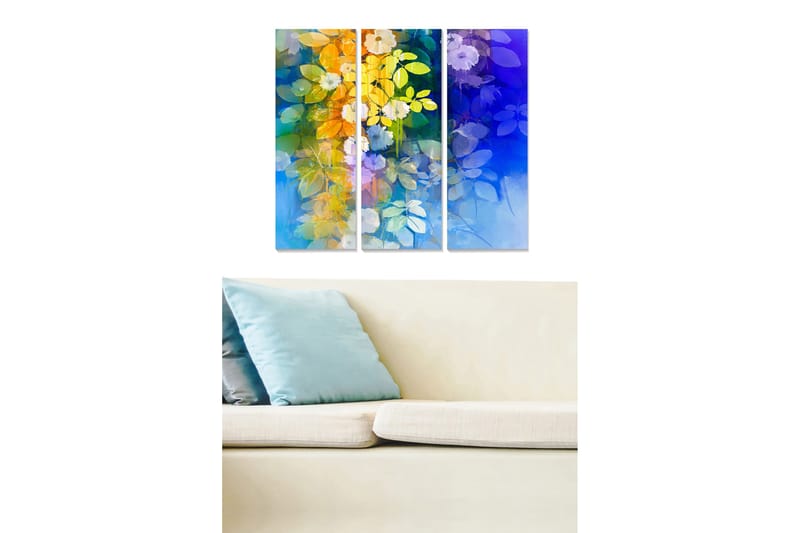 Canvastavla i trä 3-delar 50x70 cm - Färgrik komposition av blommor och blad i en harmonisk sammansättning - Blå / Gul / Grön - Inredning & dekor - Tavlor & konst - Canvastavla