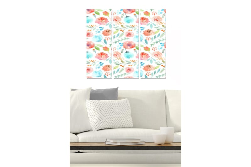 Canvastavla i trä 3-delar 50x70 cm - Färgrik komposition av blommor och blad, Rosa / Blå / Grön