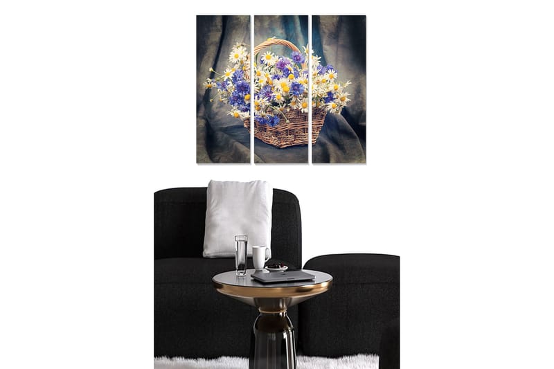 Canvastavla i trä 3-delar 50x70 cm - Färgrik korg med blommor, Blå / Vit / Gul