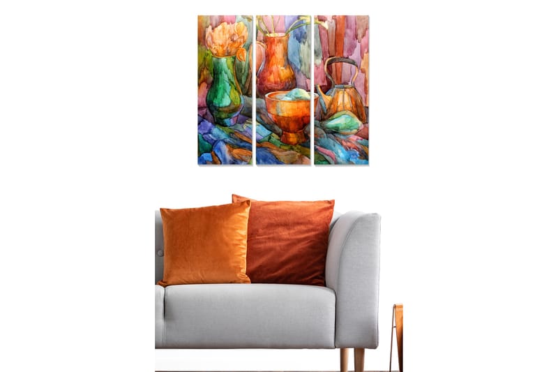 Canvastavla i trä 3-delar 50x70 cm - Färgrik stilleben med blommor och keramikföremål - Grön / Orange / Blå - Inredning & dekor - Tavlor & konst - Canvastavla