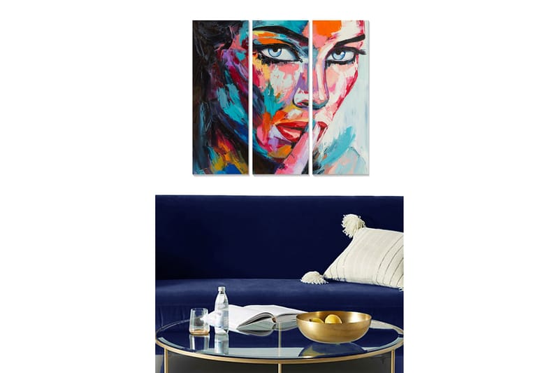 Canvastavla i trä 3-delar 50x70 cm - Färgstark porträtt av en kvinna med en uttrycksfull blick - Blå / Röd / Orange - Inredning & dekor - Tavlor & konst - Canvastavla