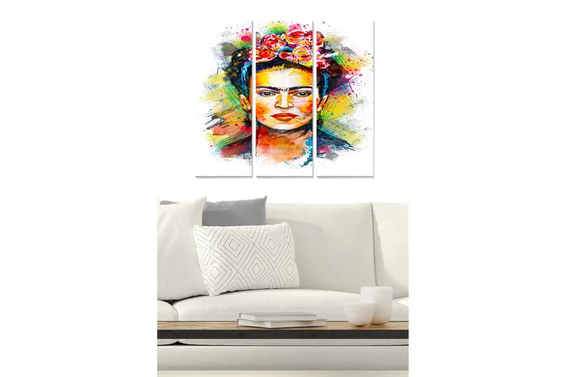 Canvastavla i trä 3-delar 50x70 cm - Färgstark porträtt av en kvinna med blommor i håret, Röd / Gul / Grön