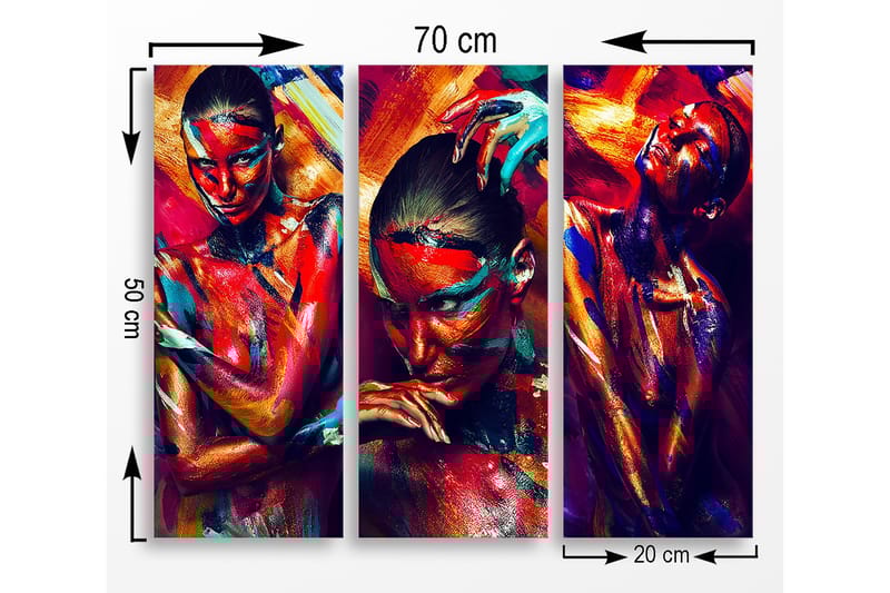 Canvastavla i trä 3-delar 50x70 cm - Färgstark porträttserie av människor med uttrycksfulla ansiktsmålningar - Röd / Blå / Orange - Inredning & dekor - Tavlor & konst - Canvastavla