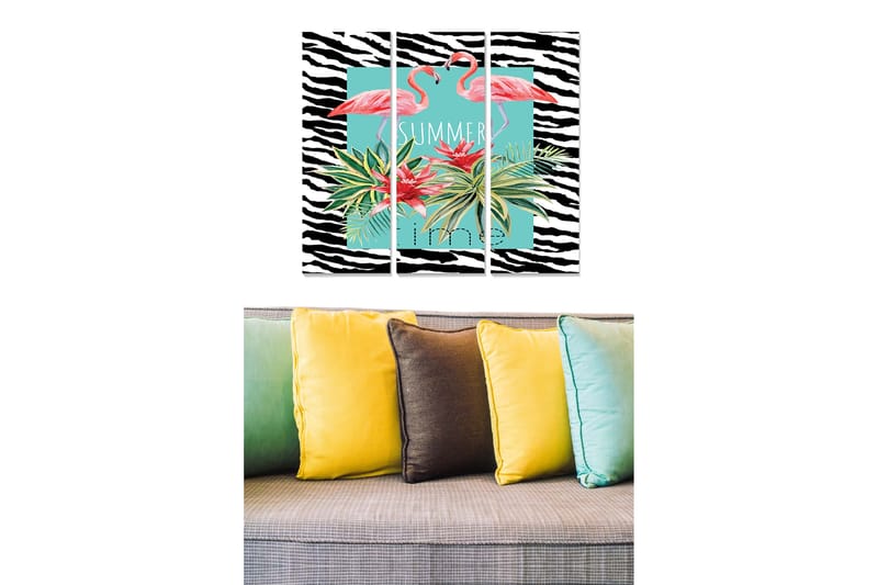 Canvastavla i trä 3-delar 50x70 cm - Flamingos omgivna av tropiska växter i en färgglad komposition - Rosa / Grön / Svart - Inredning & dekor - Tavlor & konst - Canvastavla