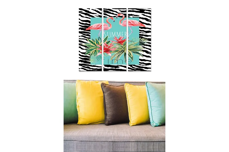 Canvastavla i trä 3-delar 50x70 cm - Flamingos omgivna av tropiska växter i en färgglad komposition - Rosa / Grön / Svart - Inredning & dekor - Tavlor & konst - Canvastavla