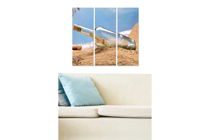Canvastavla i trä 3-delar 50x70 cm - Flaska med meddelande begravd i sanden - Blå / Beige / Transparent - Inredning & dekor - Tavlor & konst - Canvastavla
