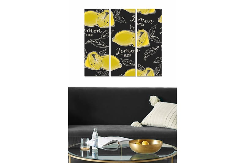 Canvastavla i trä 3-delar 50x70 cm - Fräscha citroner med blad på en mörk bakgrund - Gul / Svart - Inredning & dekor - Tavlor & konst - Canvastavla