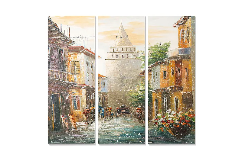 Canvastavla i trä 3-delar 50x70 cm - Gammal stad med historiska byggnader och en tornliknande struktur i centrum, Orange / Grön / Blå