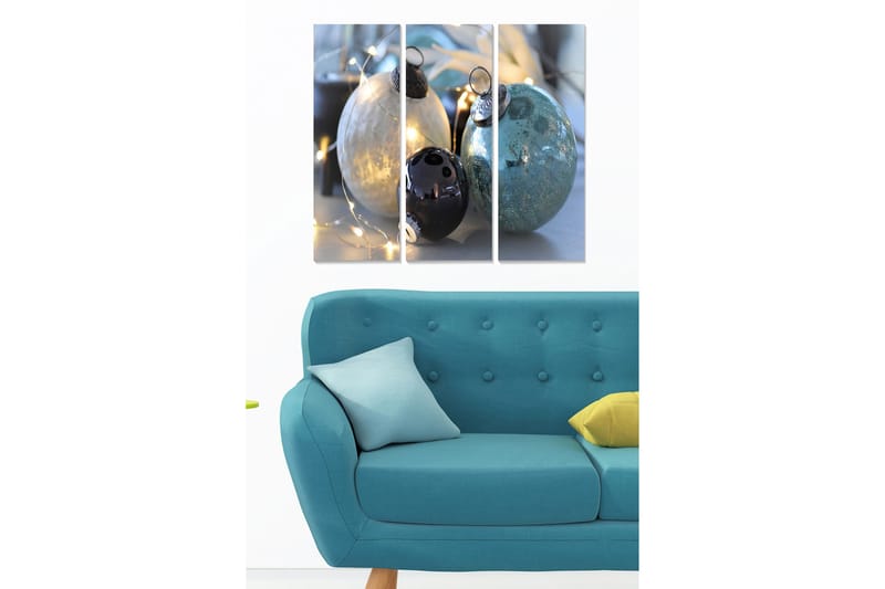 Canvastavla i trä 3-delar 50x70 cm - Glänsande julkulor i olika färger, Blå / Svart / Silver