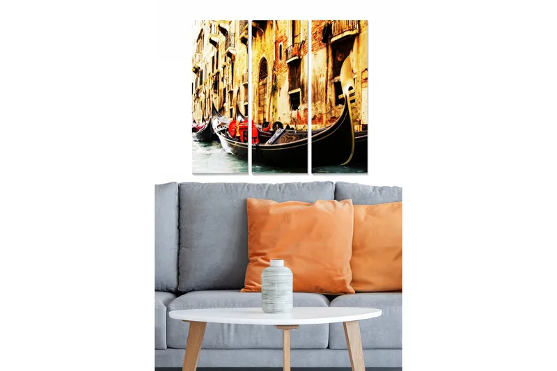 Canvastavla i trä 3-delar 50x70 cm - Gondoler i en venetiansk kanal med färgglada kläder, Guld / Röd / Svart