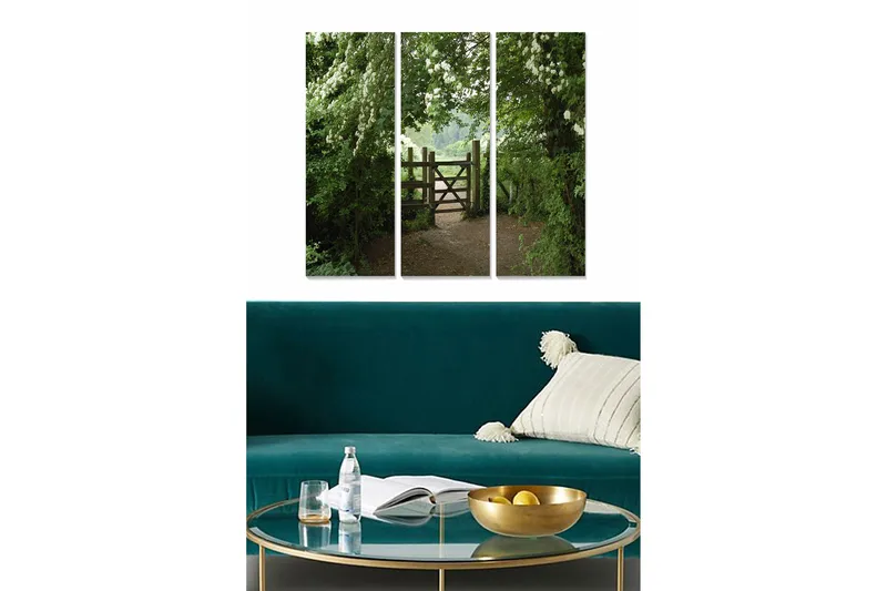 Canvastavla i trä 3-delar 50x70 cm - Gr önskande landskap med en trägrind, Grön / Brun / Vit