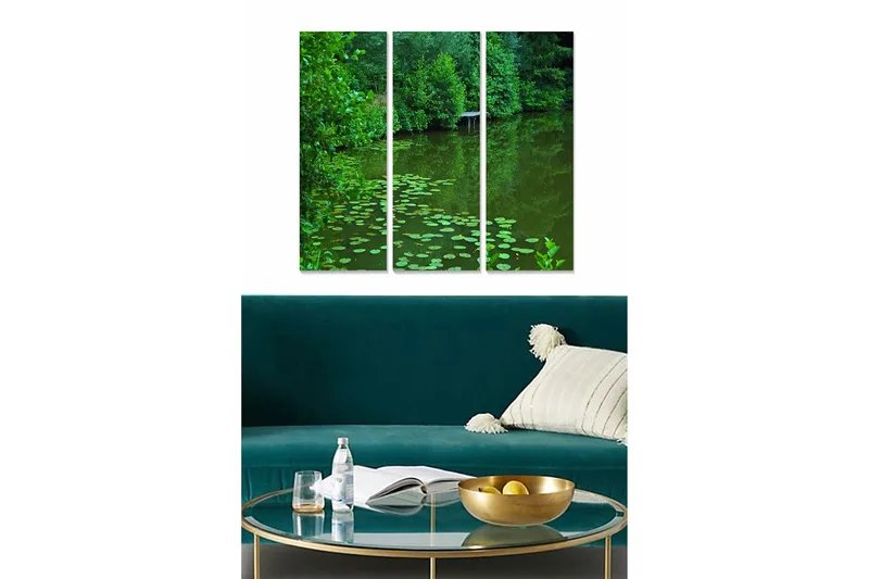 Canvastavla i trä 3-delar 50x70 cm - Grönskande sjö med näckrosor, Mörkgrön / Ljusgrön