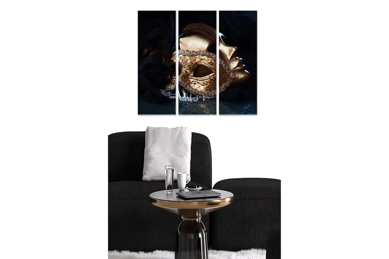 Canvastavla i trä 3-delar 50x70 cm - Guldmask med intrikata detaljer och en mystisk känsla - Guld / Svart / Mörkblå - Inredning & dekor - Tavlor & konst - Canvastavla