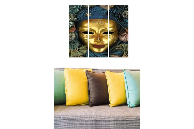 Canvastavla i trä 3-delar 50x70 cm - Guldmask omgiven av färgglada textilier och blommor, Guld / Mörkblå / Grön