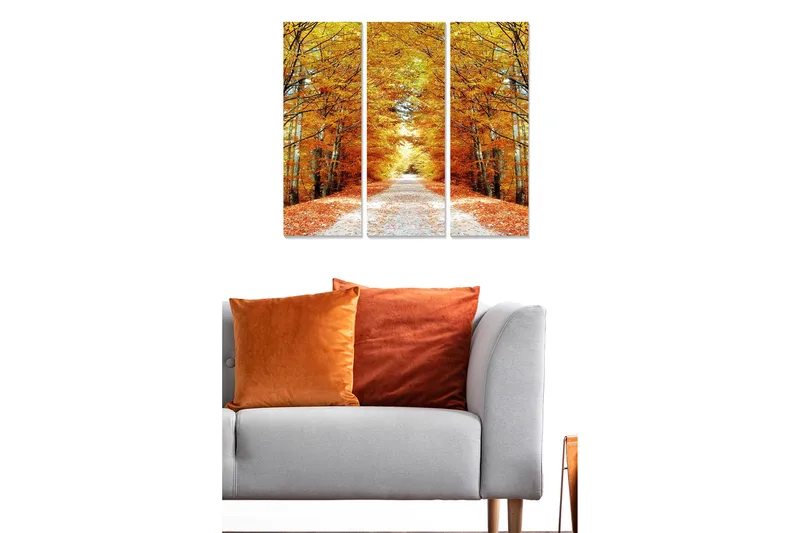Canvastavla i trä 3-delar 50x70 cm - Gyllene höstskog med en väg som leder genom träden - Guld / Orange / Brun - Inredning & dekor - Tavlor & konst - Canvastavla