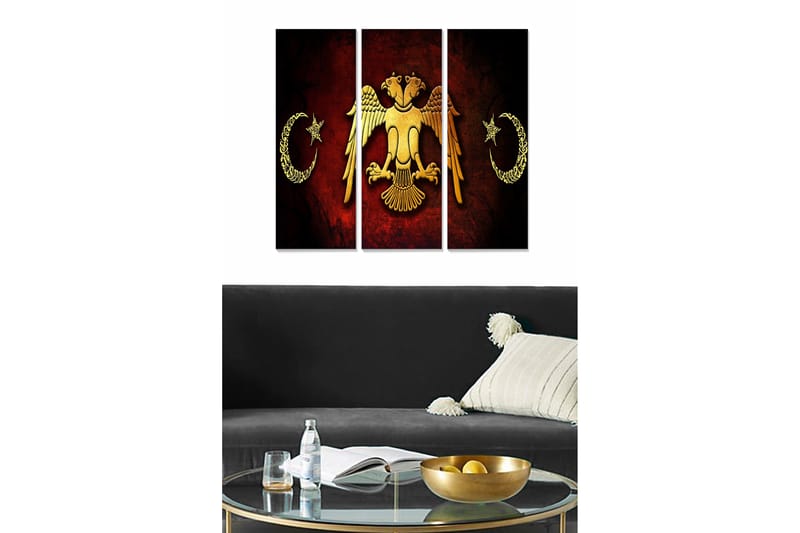 Canvastavla i trä 3-delar 50x70 cm - Gyllene örn med stjärnor och halvmånar på röd bakgrund, Guld / Röd / Svart