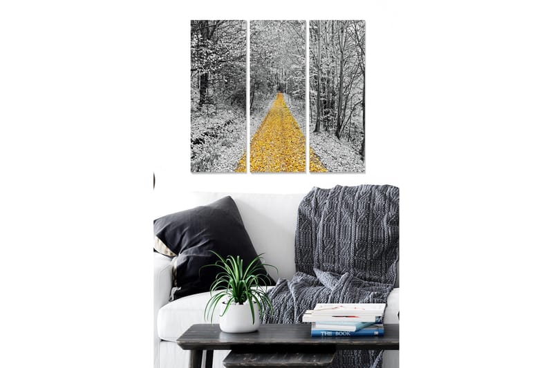 Canvastavla i trä 3-delar 50x70 cm - Gyllene väg kantad av snötäckta träd, Gult / Svart / Vitt