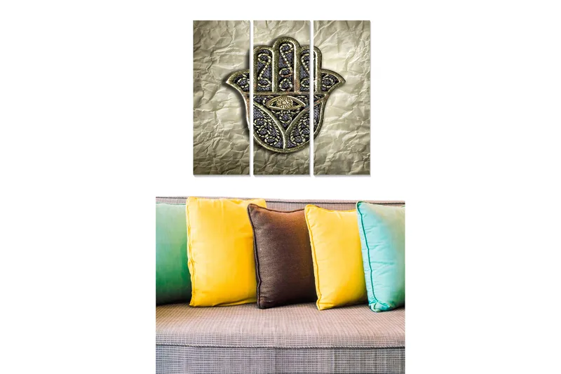 Canvastavla i trä 3-delar 50x70 cm - Hand med öga i en dekorativ stil, Guld / Svart / Grå