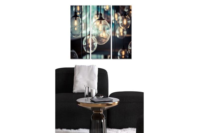Canvastavla i trä 3-delar 50x70 cm - Hängande glödlampor i en modern komposition, Klar glas / Svart / Guld