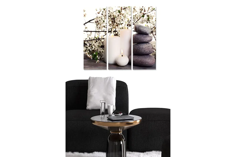Canvastavla i trä 3-delar 50x70 cm - Harmonisk sammansättning av blommor, ljus och stenar, Vit / Grå / Mörk lila