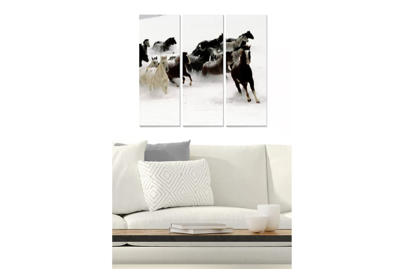 Canvastavla i trä 3-delar 50x70 cm - Hästar som galopperar genom snön, Vit / Svart / Brun