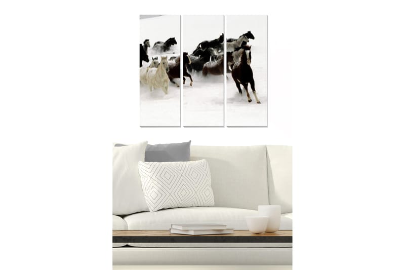 Canvastavla i trä 3-delar 50x70 cm - Hästar som galopperar genom snön - Vit / Svart / Brun - Inredning & dekor - Tavlor & konst - Canvastavla