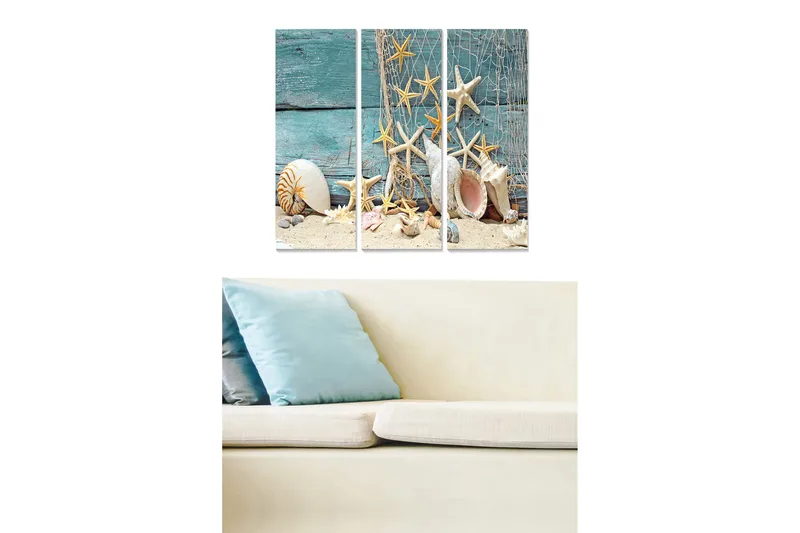 Canvastavla i trä 3-delar 50x70 cm - Havsmotiv med snäckor och sjöstjärnor på sandig bakgrund, Turkos / Beige / Vit