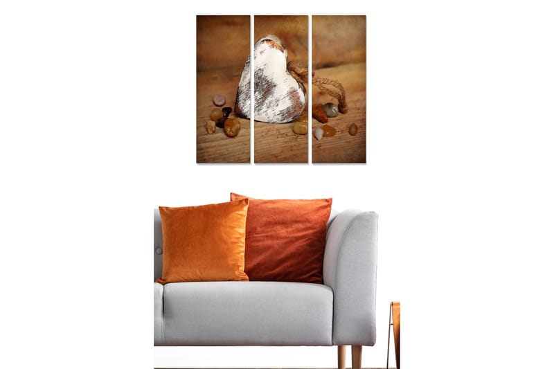 Canvastavla i trä 3-delar 50x70 cm - Hjärta av trä med stenar i varma nyanser, Brun / Beige / Orange