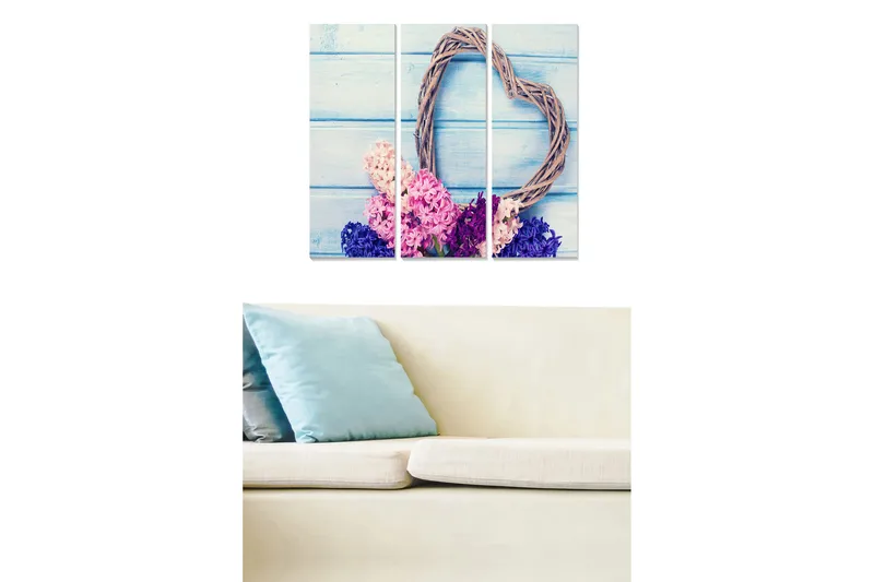 Canvastavla i trä 3-delar 50x70 cm - Hjärtformad krans av grenar med färgglada blommor i rosa och lila nyanser, Rosa / Lila / Blå