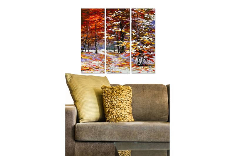 Canvastavla i trä 3-delar 50x70 cm - Höstlandskap med färgglada träd och snöig mark - Röd / Gul / Vit - Inredning & dekor - Tavlor & konst - Canvastavla