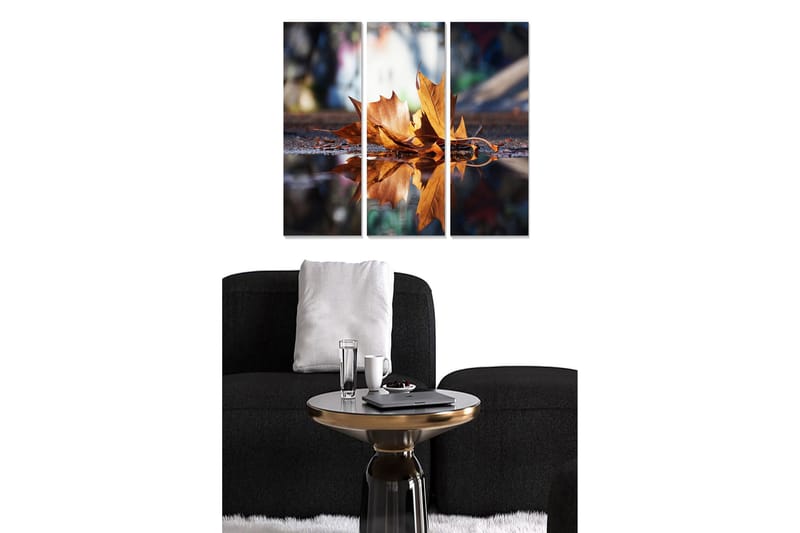 Canvastavla i trä 3-delar 50x70 cm - Höstlöv som flyter på vattenytan, Guld / Brun / Blå