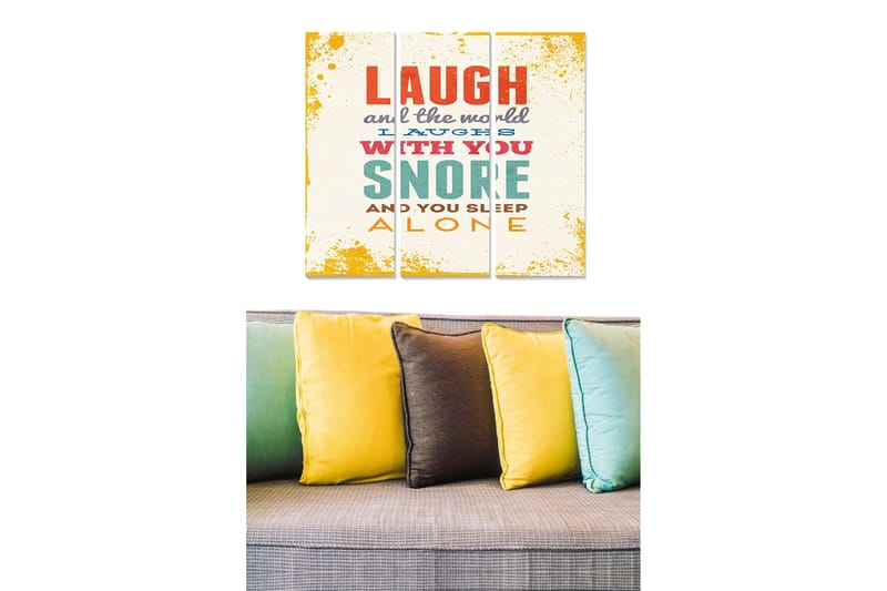 Canvastavla i trä 3-delar 50x70 cm - Humoristisk typografi med citat om skratt och sömn, Gul / Röd / Turkos