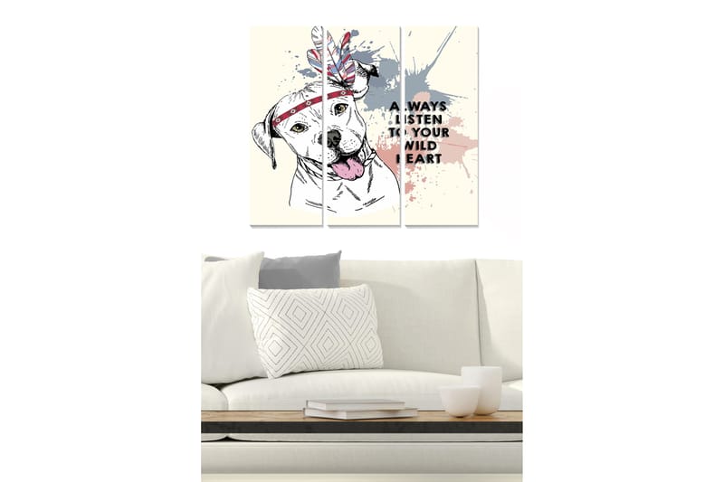Canvastavla i trä 3-delar 50x70 cm - Hund med fjäderhuvudbonad och färgglada sprutningar - Grå / Rosa / Röd - Inredning & dekor - Tavlor & konst - Canvastavla