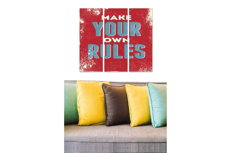 Canvastavla i trä 3-delar 50x70 cm - Inspirerande väggkonst med texten MAKE YOUR OWN RULES, Röd / Turkos
