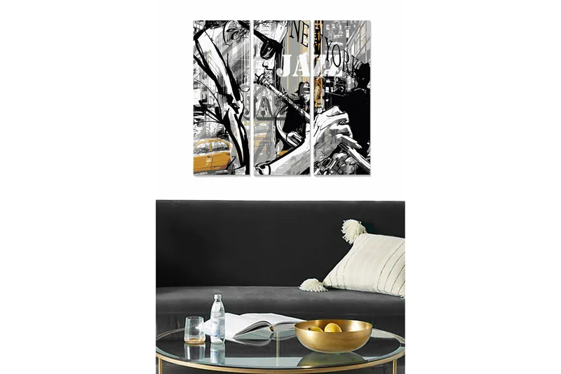 Canvastavla i trä 3-delar 50x70 cm - Jazzmusiker i en urban miljö - Svart / Grå / Gul - Inredning & dekor - Tavlor & konst - Canvastavla