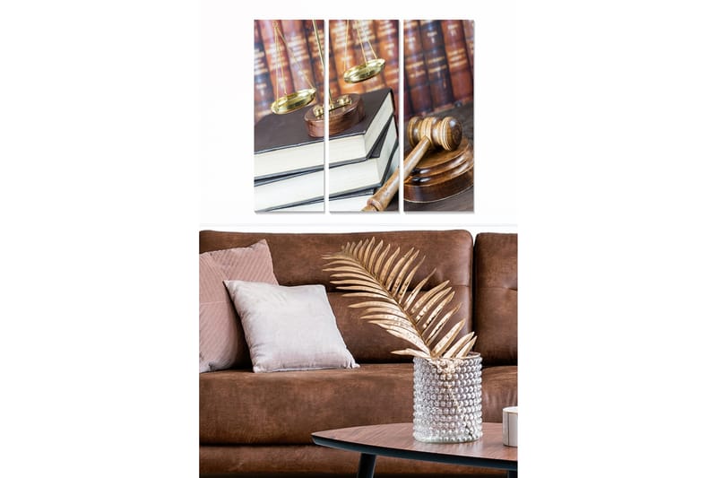 Canvastavla i trä 3-delar 50x70 cm - Juridisk symbolik med våg, domarklubba och böcker, Guld / Brun / Vit