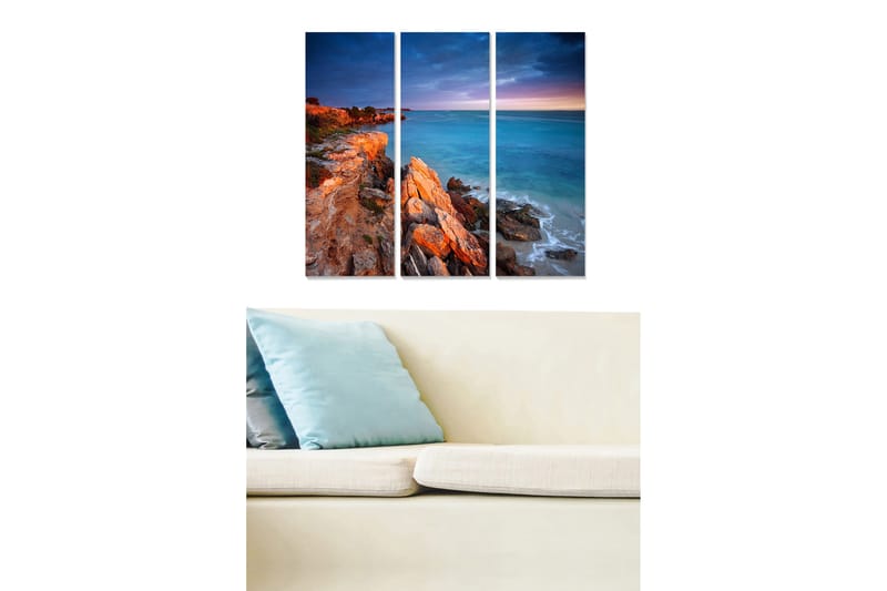 Canvastavla i trä 3-delar 50x70 cm - Klippig kustlinje vid havet i skymning - Blå / Orange / Grå - Inredning & dekor - Tavlor & konst - Canvastavla
