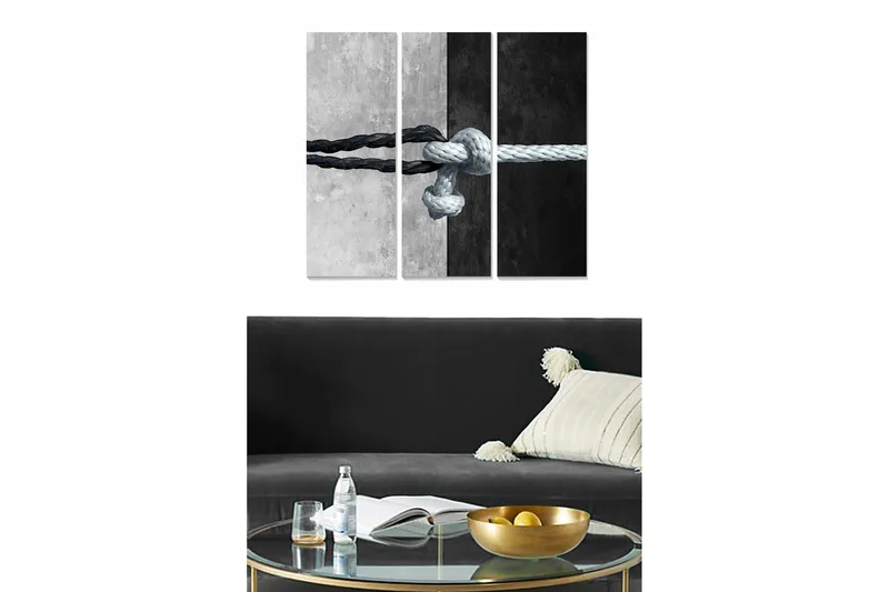 Canvastavla i trä 3-delar 50x70 cm - Knut av rep i kontrasterande svart och vitt, Svart / Vitt / Grått