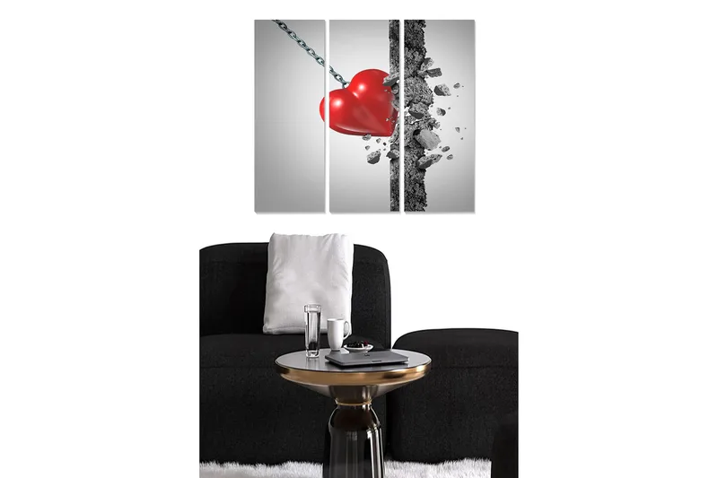 Canvastavla i trä 3-delar 50x70 cm - Krossat hj ärta som hänger i en kedja - Röd / Grå / Svart - Inredning & dekor - Tavlor & konst - Canvastavla