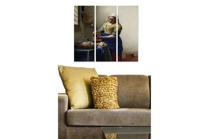 Canvastavla i trä 3-delar 50x70 cm - Kvinna som häller mjölk i en skål vid ett bord - Blå / Gul / Brun - Inredning & dekor - Tavlor & konst - Canvastavla