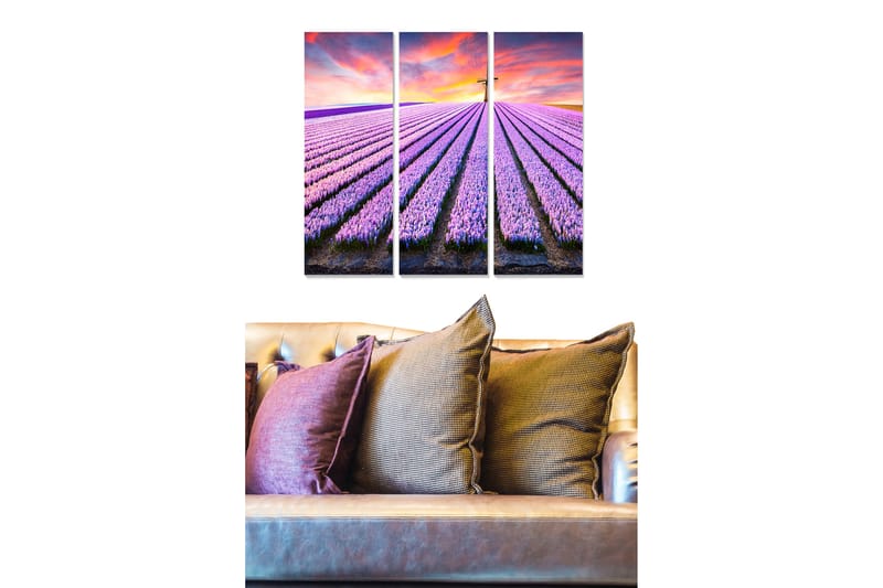 Canvastavla i trä 3-delar 50x70 cm - Lavendelfält under en färgsprakande himmel, Lila / Grön / Orange