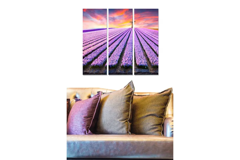 Canvastavla i trä 3-delar 50x70 cm - Lavendelfält under en färgsprakande himmel, Lila / Grön / Orange