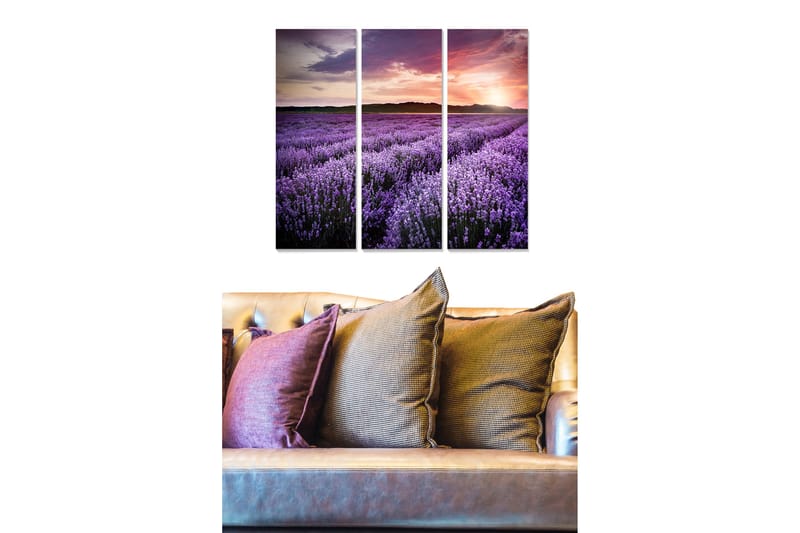 Canvastavla i trä 3-delar 50x70 cm - Lavendelfält under en färgsprakande solnedgång - Lila / Rosa / Grön - Inredning & dekor - Tavlor & konst - Canvastavla