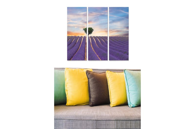 Canvastavla i trä 3-delar 50x70 cm - Lavendelfält under en solnedgång med en ensam trädkontur - Lila / Grön / Orange - Inredning & dekor - Tavlor & konst - Canvastavla