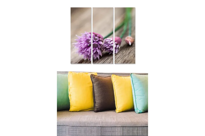 Canvastavla i trä 3-delar 50x70 cm - Lila blommor med gröna stjälkar på en träyta - Lila / Grön / Brun - Inredning & dekor - Tavlor & konst - Canvastavla