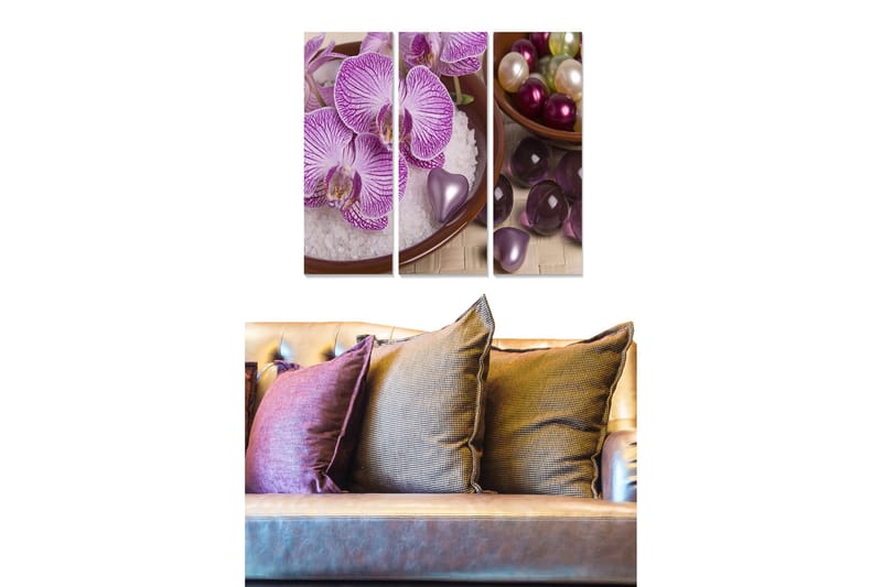 Canvastavla i trä 3-delar 50x70 cm - Lila orkidéer i en skål med dekorationer - Lila / Vit / Grön - Inredning & dekor - Tavlor & konst - Canvastavla