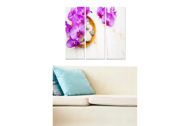 Canvastavla i trä 3-delar 50x70 cm - Lila orkidéer i en skål med stenar - Lila / Beige / Vit - Inredning & dekor - Tavlor & konst - Canvastavla