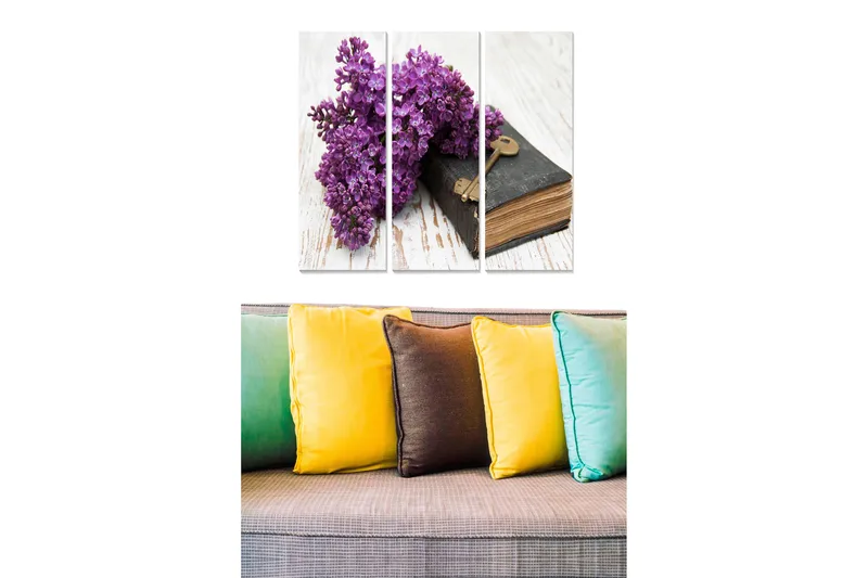 Canvastavla i trä 3-delar 50x70 cm - Lila syrener i en vacker komposition med en gammal bok och nyckel, Lila / Svart / Brun
