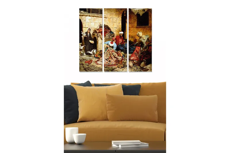 Canvastavla i trä 3-delar 50x70 cm - Livlig marknadsscen med människor och varor i en historisk miljö, Röd / Beige / Grön